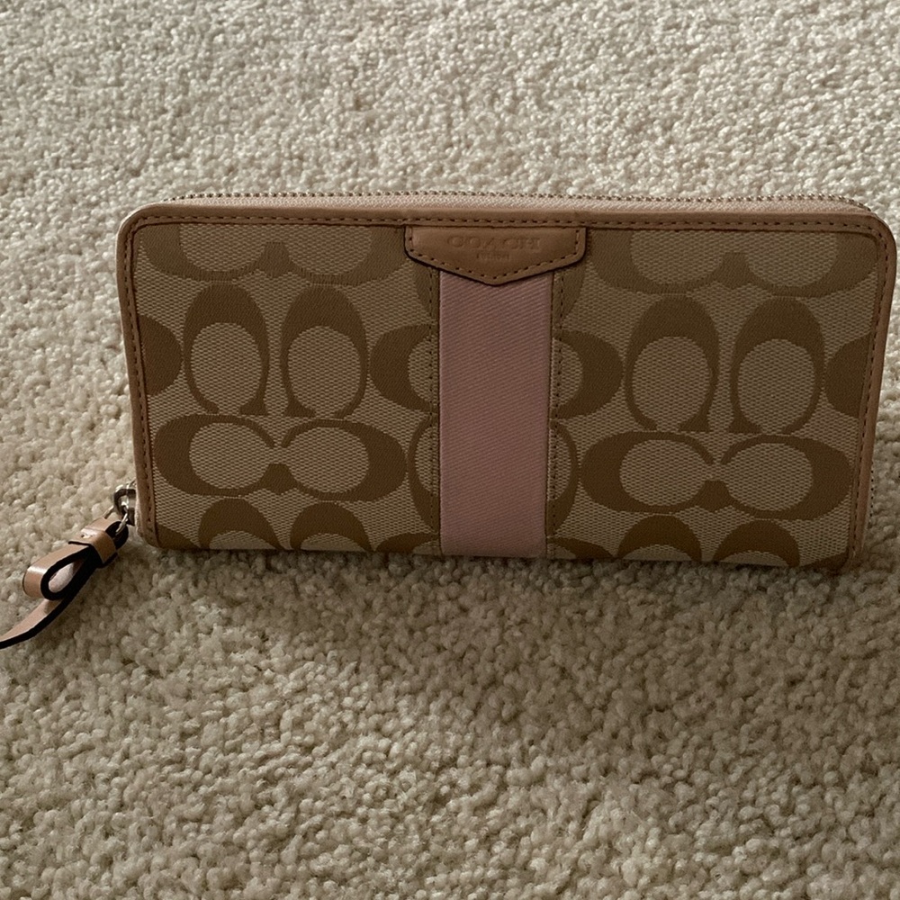 Coach Signature Logo Zip Around Canvas Long Wallet In (Tan and Pink) EUC